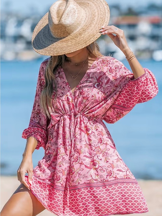 Cupshe Dresses & Skirts - Cupshe Pink Floral open back summer Beach Dress with Drawstring waist